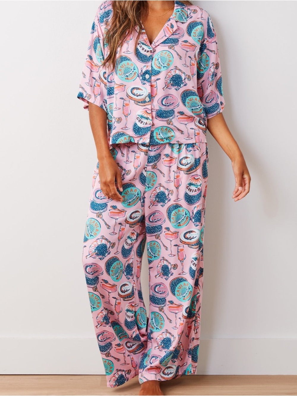 Printfresh Pink Champagne & Caviar Eco Satin Pajama Set